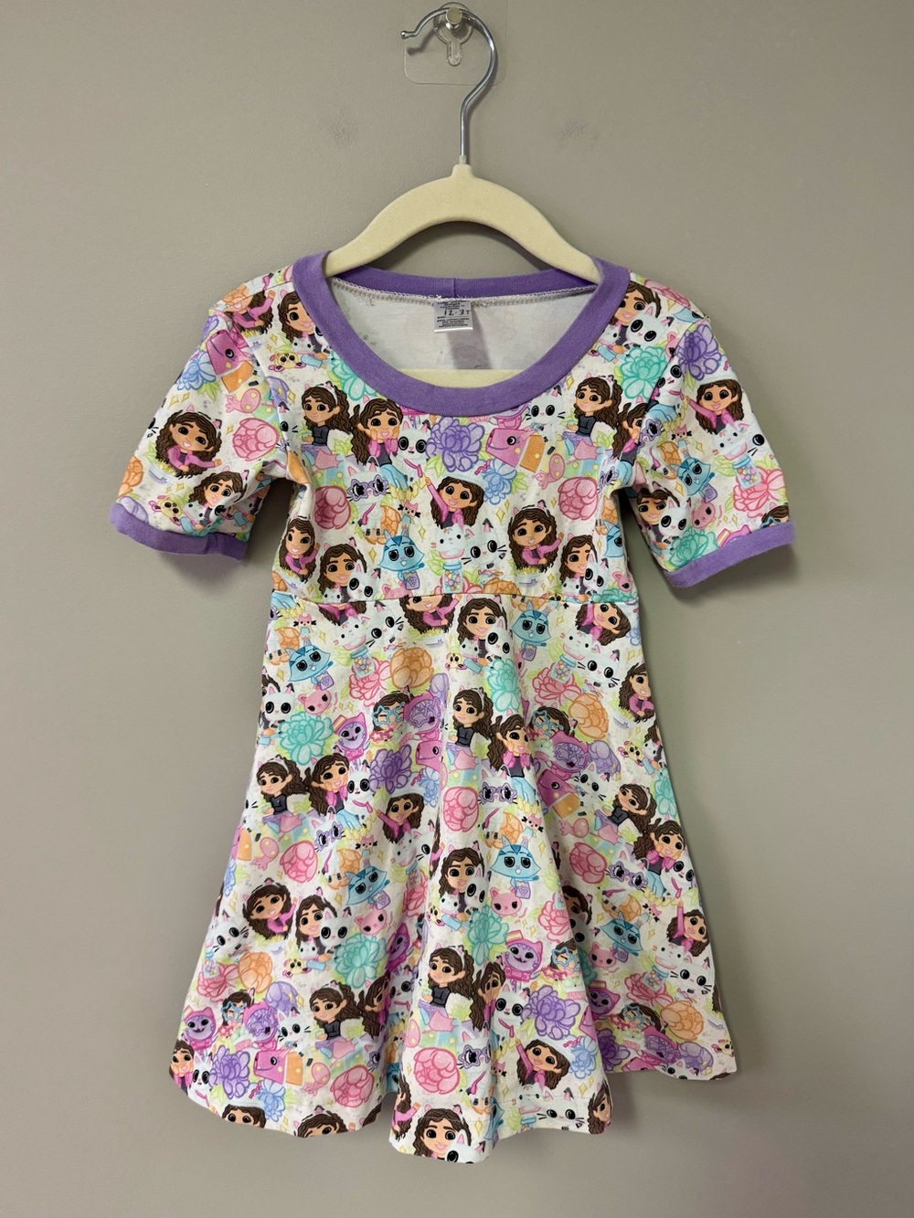Girls' Purple-Trim Character Print Casual Swing Dress